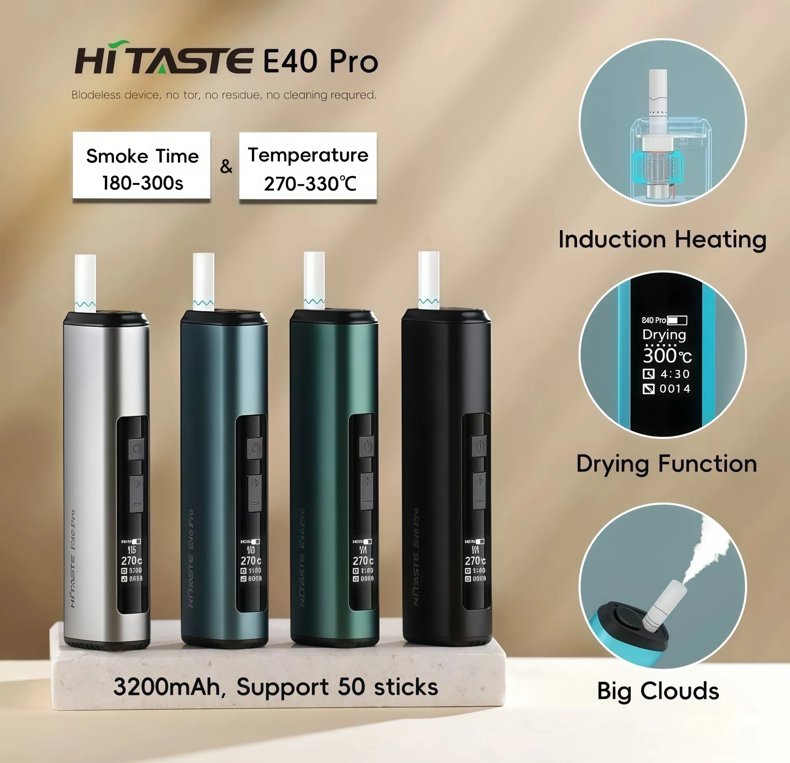 HiTaste E40 PRO 加熱菸主機 | 適用 TEREA煙彈 4色可選 | 日本原裝進口 電磁感應加熱 獨家菸彈乾燥模式 OLED螢幕:圖片 2