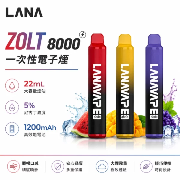 LANA ZOLT 8000口一次性電子煙 拋棄式小煙 15ml大容量 1.2Ω網狀霧化芯 Type-C可充電 3%尼古丁 20款口味