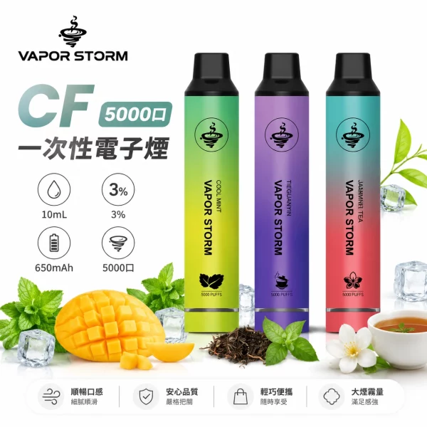限時 VAPOR STORM 風暴5000口一次性電子煙 | 10ml油倉 Type-C快充 | 15種口味