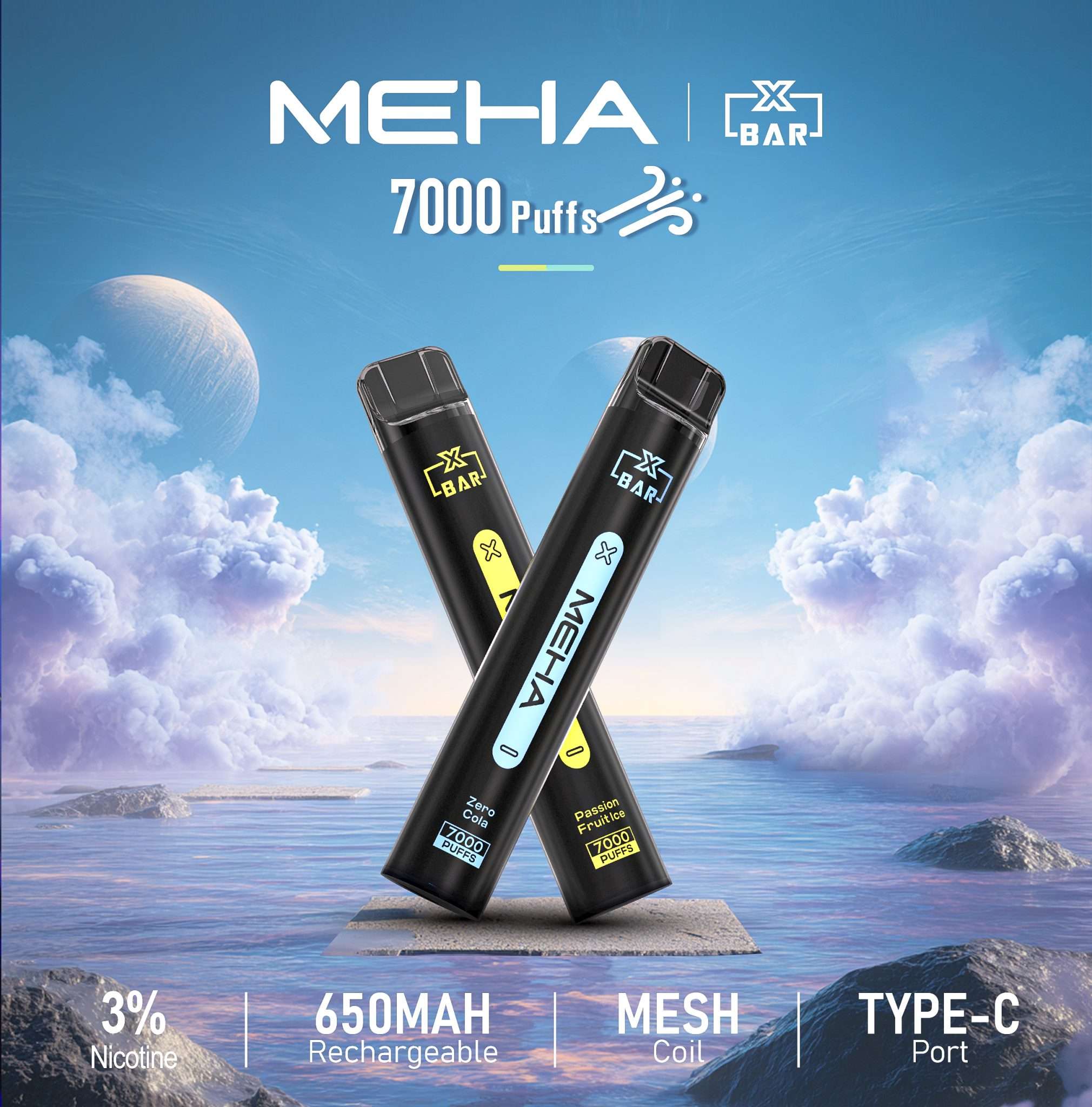 MEHA 魅嗨 Xbar 小黑條 7000口一次性電子煙 650mAh電池 Type-C快充 MESH網狀芯 氣動感應 16種口味